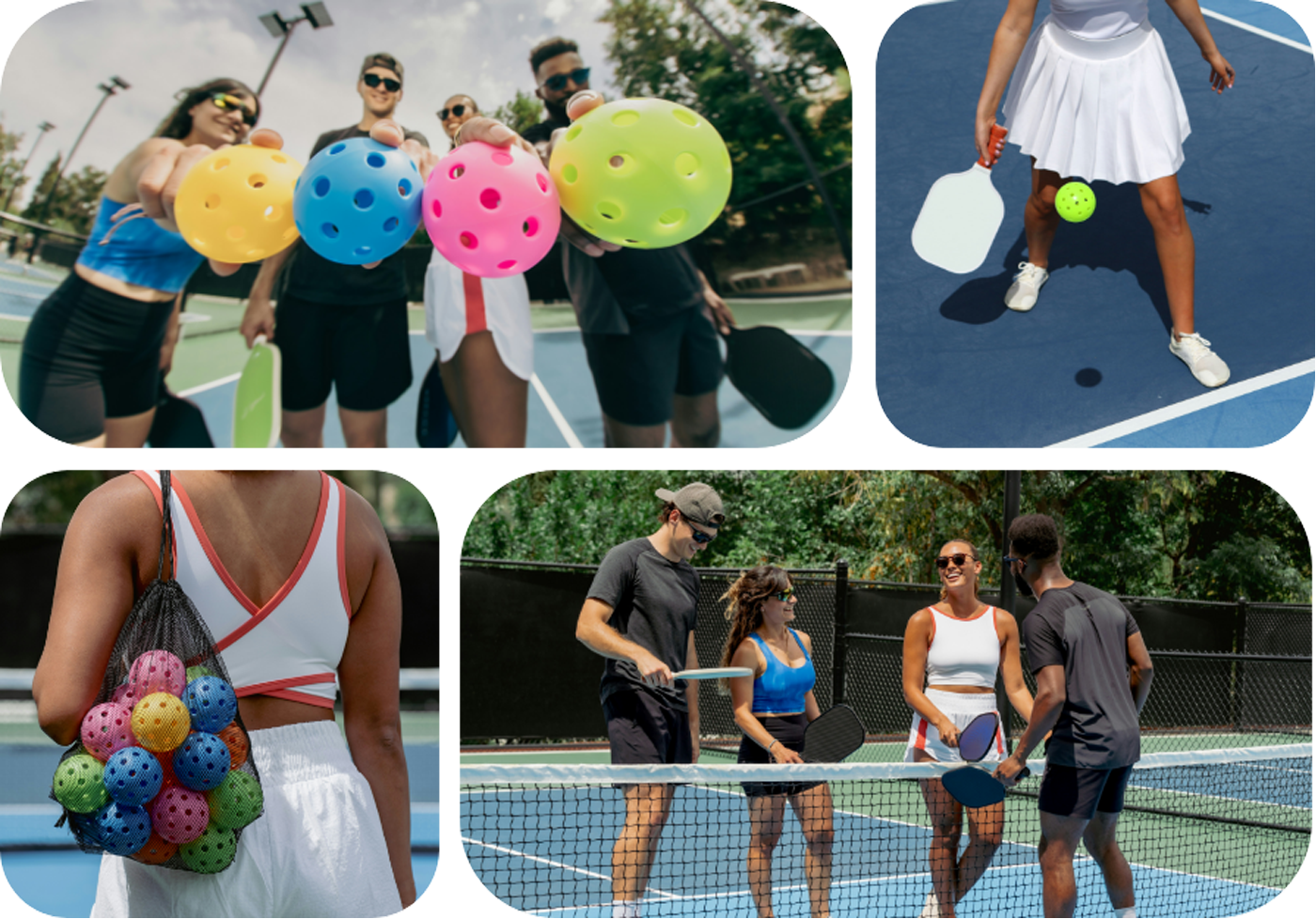 A collage of people playing pickleball, featuring colorful balls, paddles, and friends enjoying a game on an outdoor court.